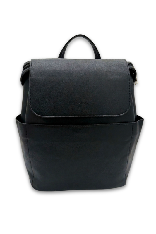A black Modern+Chic Brielle 2.0 Vegan Leather Convertible Backpack Purse for Women on a white background.