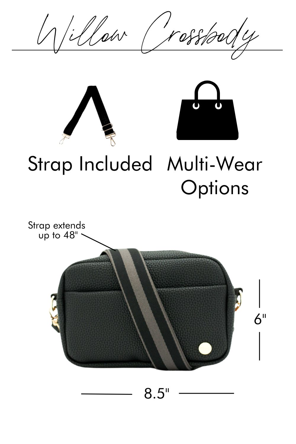 A graphic image showing the details of a black Modern+Chic Willow Vegan Leather Convertible Crossbody Bag on a white background. 
