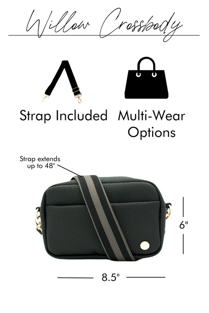 A graphic image showing the details of a black Modern+Chic Willow Vegan Leather Convertible Crossbody Bag on a white background. 