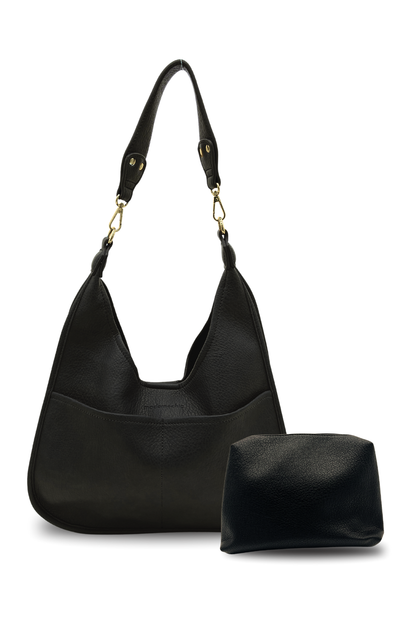 A black Modern + Chic Clara Vegan Leather Slouchy Tote Bag for Women with coordinating removable zipper pouch on a white background. 