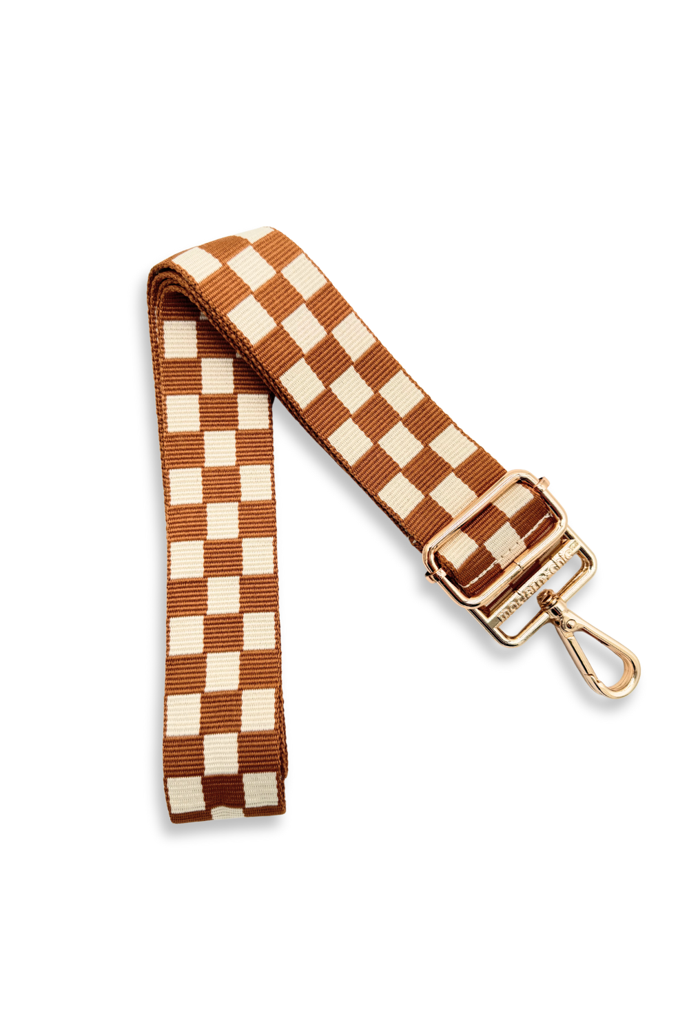 Camel and white Modern + Chic Lizzie Checkered Purse Strap for Crossbody Bags on a white background.