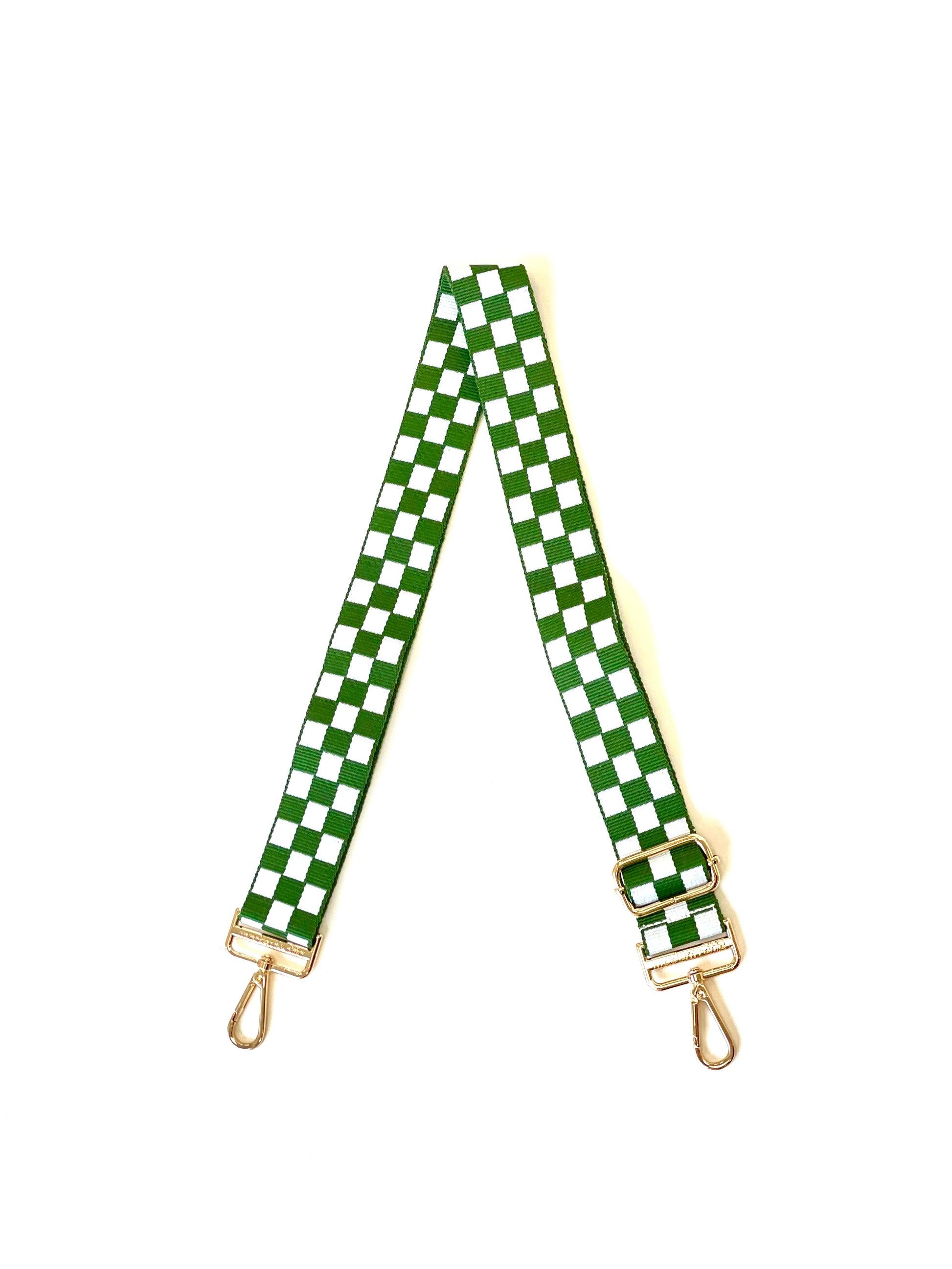Greenand white Modern + Chic Lizzie Checkered Purse Strap for Crossbody Bags on a white background.