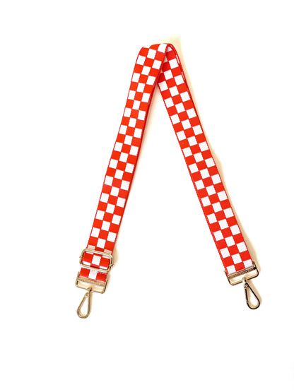 Red and white Modern + Chic Lizzie Checkered Purse Strap for Crossbody Bags on a white background.