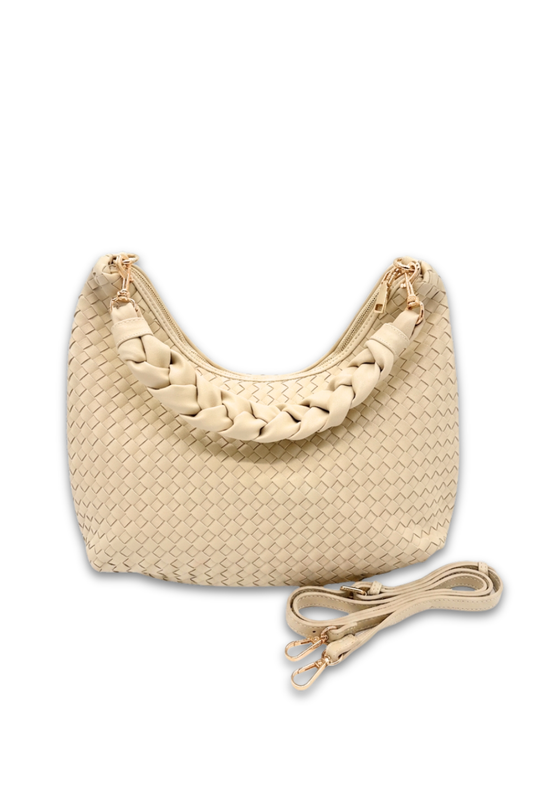 Beige woven handbag with matching strap on a white background