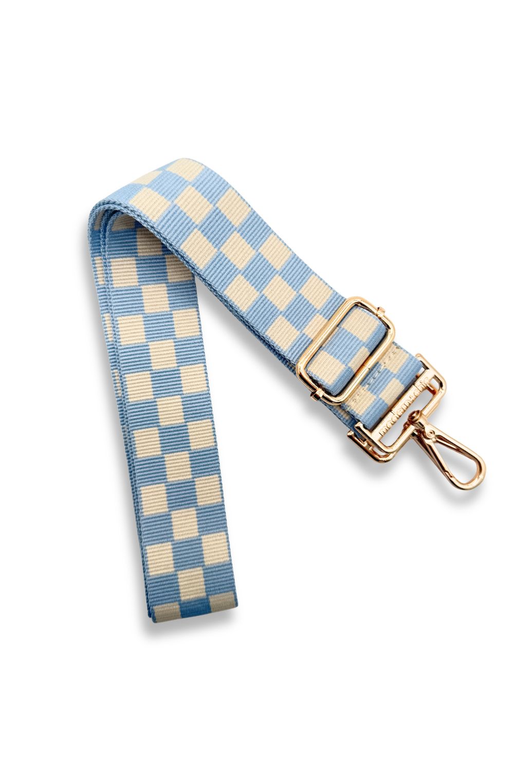 Blue and tan Modern + Chic Lizzie Checkered Purse Strap for Crossbody Bags on a white background.