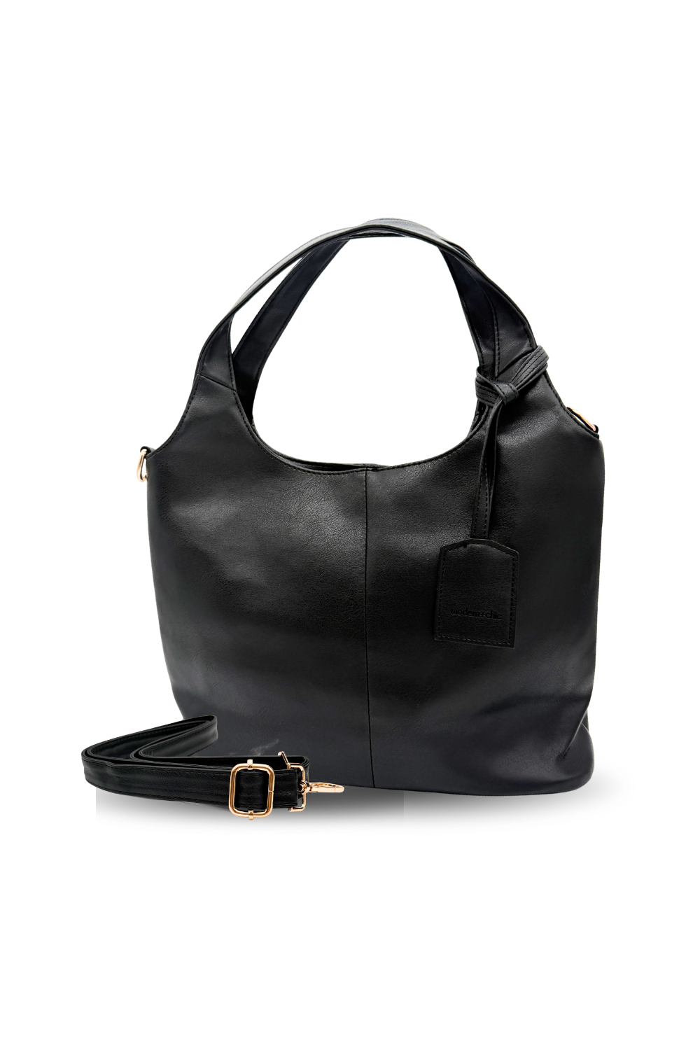 A black Modern+Chic Olivia Convertible Slouchy Tote Bag for Women on a white background. 