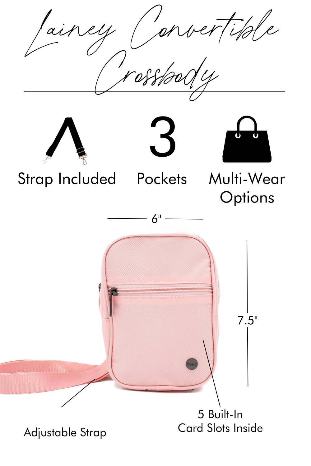 A graphic image showing a pink Modern + Chic Lainey Convertible Crossbody Bag for Women with the features and benefits called out.