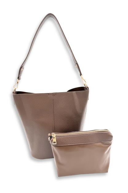 A brown Modern+Chic vegan leather Sophie Bucket Bag and coordinating zipper pouch for Women –  on a white background.